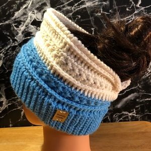 Ear Warmer Bun Beanie Headband Winter Hat White & Lt Blue